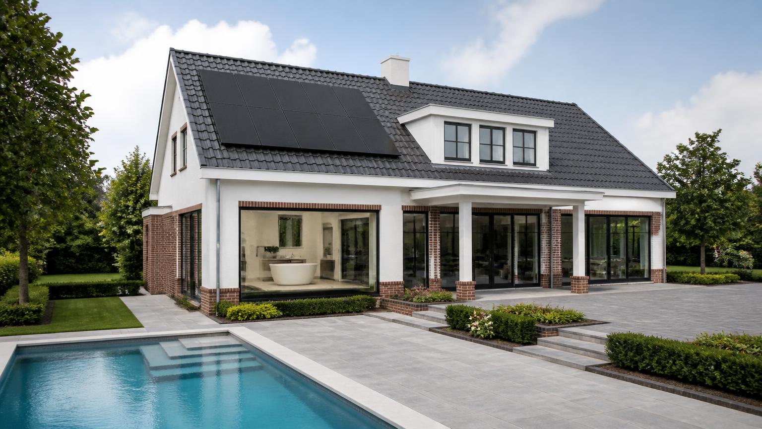 Nederlandse woning met zwembad, zonnepanelen, dakkapel, ramen en terras