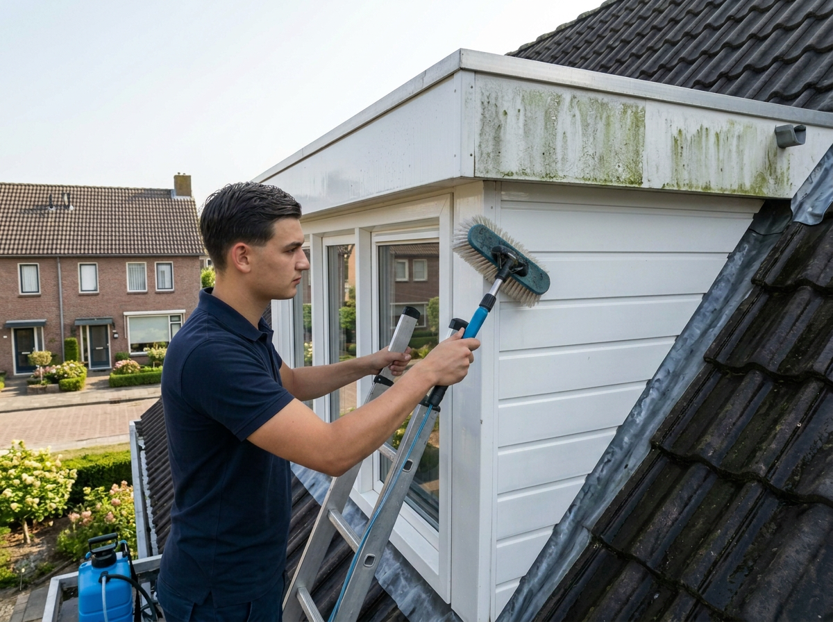 Joshua Vissers aan het werk: dakkapel reinigen